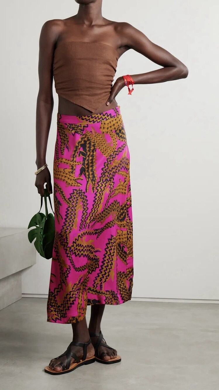 Farm Rio Crocodile Midi Skirt Women’s Medium Pink Tan Print Anthropologie
